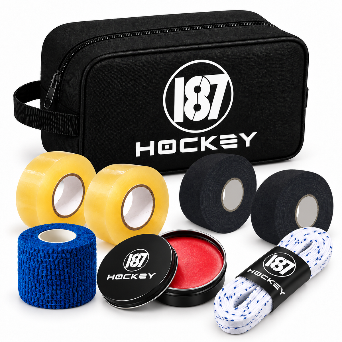 187 Hockey Accessory Bundle mit Tasche, zwei Schlägertapes, zwei Stutzentapes, Grip Tape, Stick Wax und einem Paar Waxed Pro Laces – Beispielkonfiguration