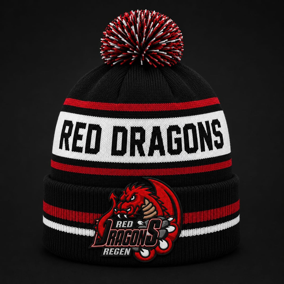 Custom Team Beanie – Red Dragons Regen, schwarz-rot-weiß mit Bommel und gesticktem Teamlogo